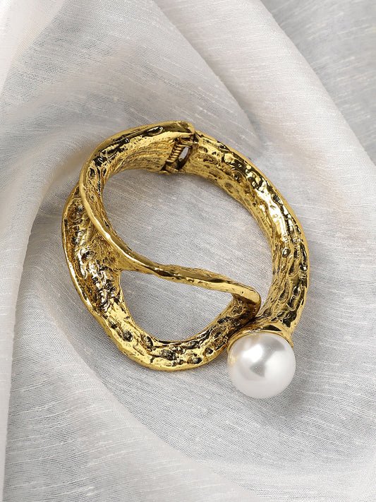 Silver-Plated Pearls Beaded Dented Cuff Bracelet