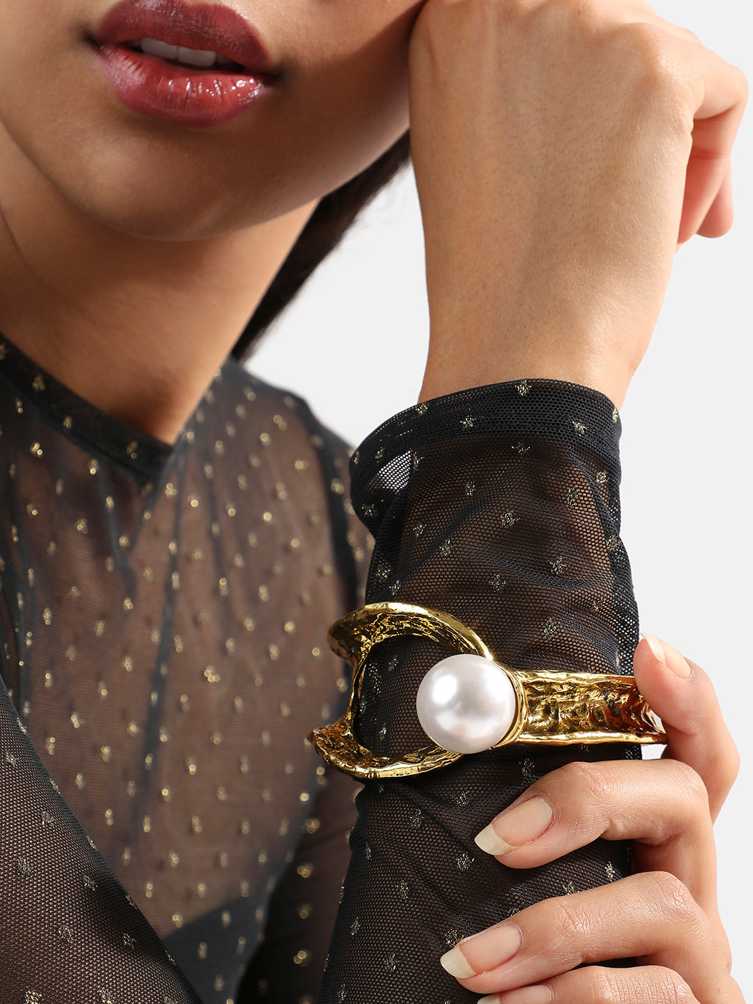 Silver-Plated Pearls Beaded Dented Cuff Bracelet