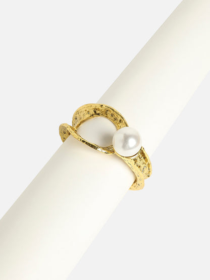 Silver-Plated Pearls Beaded Dented Cuff Bracelet