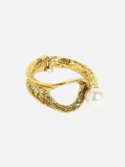 Silver-Plated Pearls Beaded Dented Cuff Bracelet