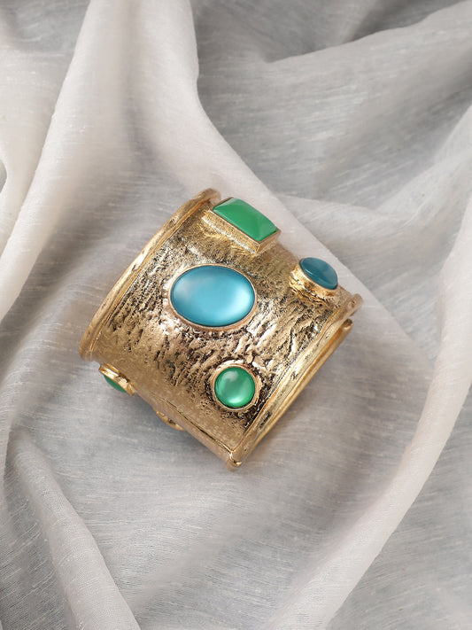 Gold-Plated Stones Studded Aqua Allore Cuff Bracelet