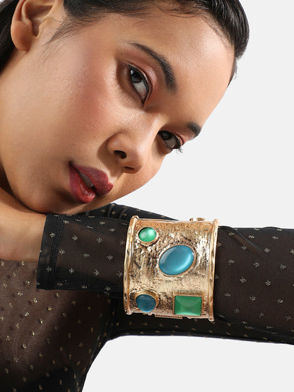 Gold-Plated Stones Studded Aqua Allore Cuff Bracelet