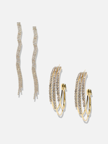Stylish Pair Set Of 2 Gold-Plated Contemporary Drop Earrings