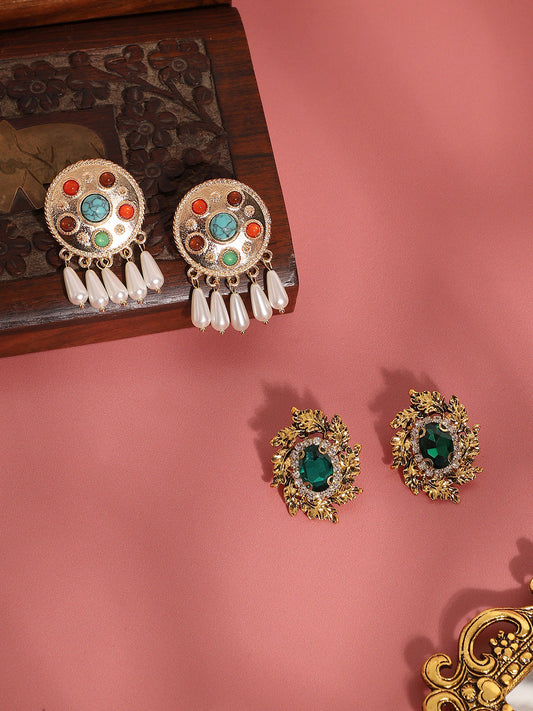 Set Of 2 Gold-Plated Contemporary Studs Earrings