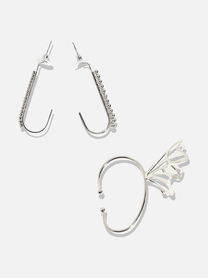 Set Of 2 Silver-Plated Contemporary Half Hoop Earrings