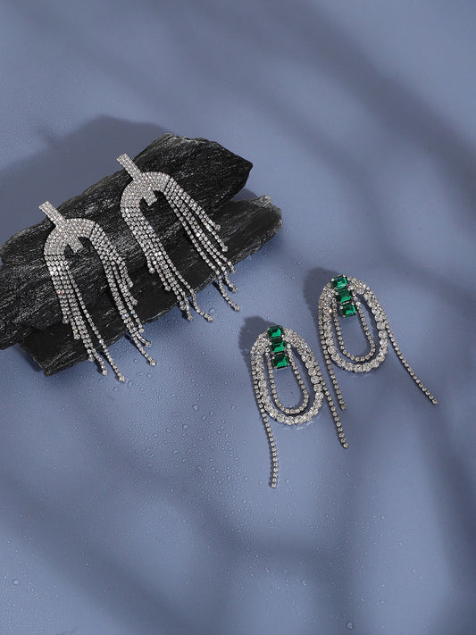 Set Of 2 Silver-Plated Contemporary Drop Earringsdr