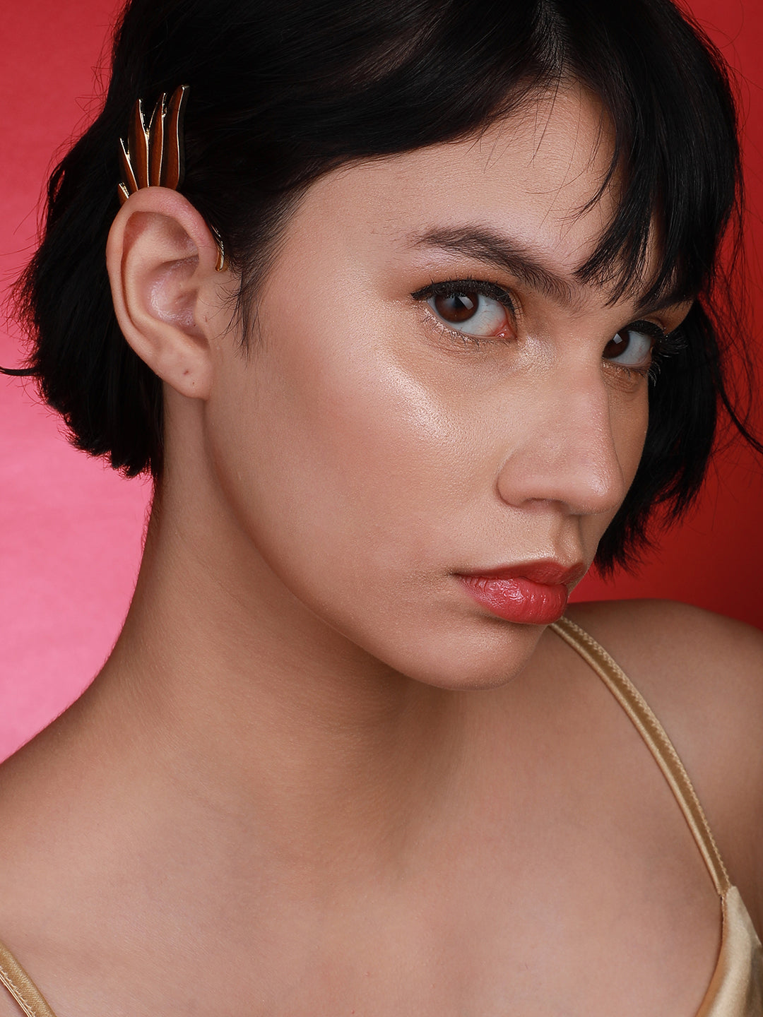 Gold-Plated Contemporary Drop Earrings With Ear Cuff