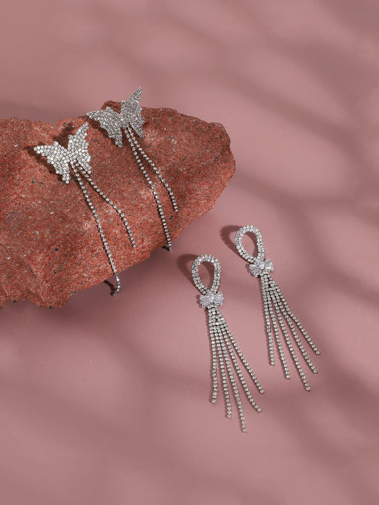 Set Of 2 Silver-Plated Contemporary Stone Studded Drop Earrings