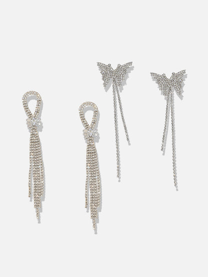Set Of 2 Silver-Plated Contemporary Stone Studded Drop Earrings