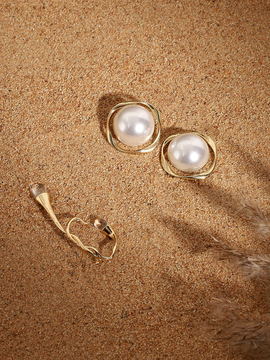 Set Of 2 Gold-Plated Contemporary Beaded Studs Earrings