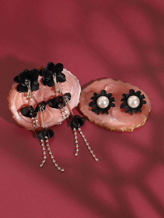 Set Of 2 Gold-Plated Contemporary Stone Studded Drop Earrings