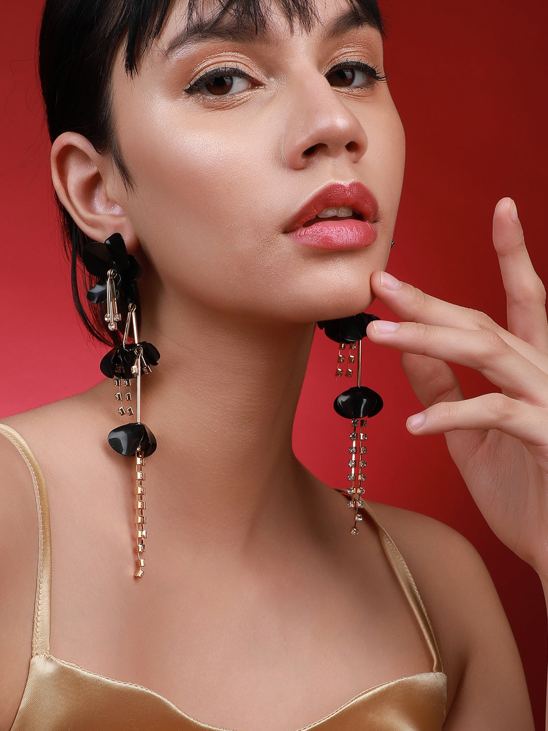 Set Of 2 Gold-Plated Contemporary Stone Studded Drop Earrings