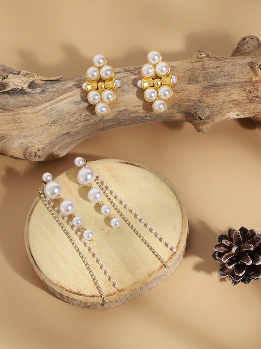 Set Of 2 Gold-Plated Contemporary Stone Studded And Beaded Drop Earrings