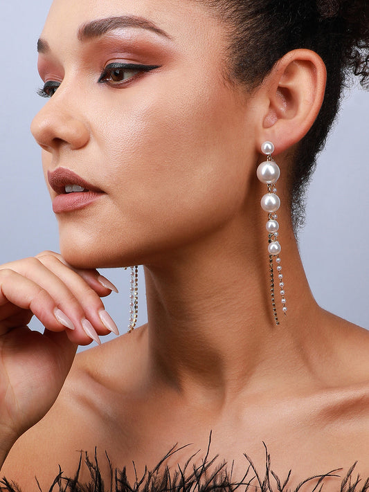Set Of 2 Gold-Plated Contemporary Stone Studded And Beaded Drop Earrings