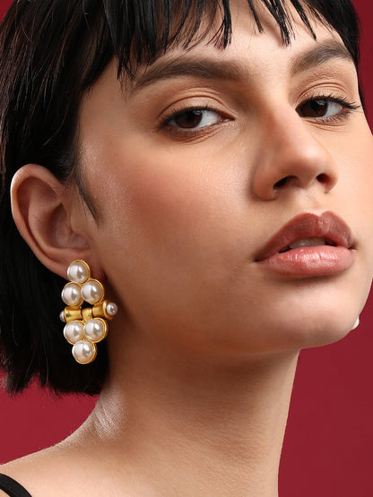 Set Of 2 Gold-Plated Contemporary Stone Studded And Beaded Drop Earrings