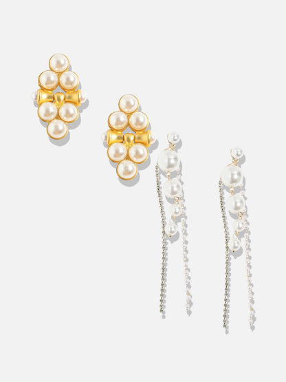 Set Of 2 Gold-Plated Contemporary Stone Studded And Beaded Drop Earrings