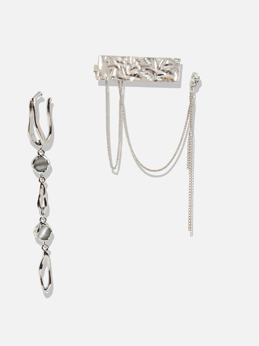 Set Of 2 Silver-Plated Contemporary Ear Cuff Earrings