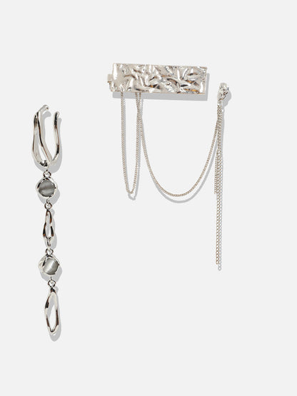 Set Of 2 Silver-Plated Contemporary Ear Cuff Earrings