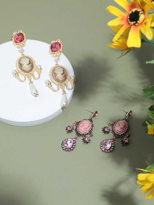 Set Of 2 Gold-Plated Contemporary Stone Studded Drop Earrings