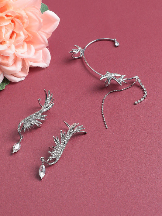 Silver-Plated Contemporary Drop Earrings With Ear Cuff