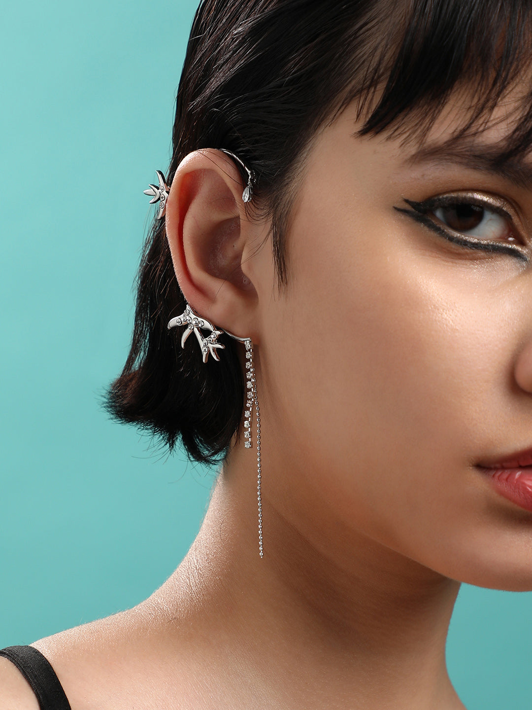 Silver-Plated Contemporary Drop Earrings With Ear Cuff