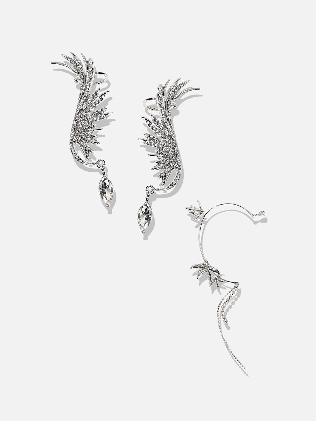 Silver-Plated Contemporary Drop Earrings With Ear Cuff