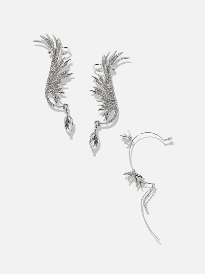 Silver-Plated Contemporary Drop Earrings With Ear Cuff