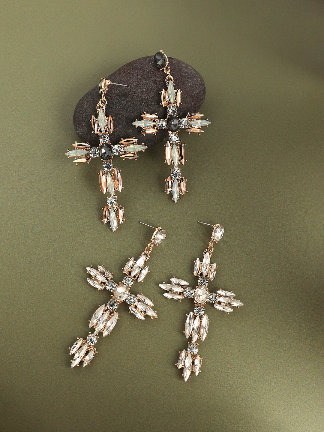 Set Of 2 Gold-Plated Contemporary Stone Studded Drop Earrings