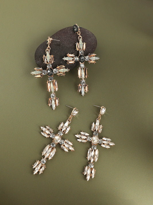 Set Of 2 Gold-Plated Contemporary Stone Studded Drop Earrings