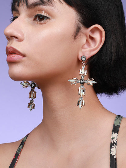 Set Of 2 Gold-Plated Contemporary Stone Studded Drop Earrings