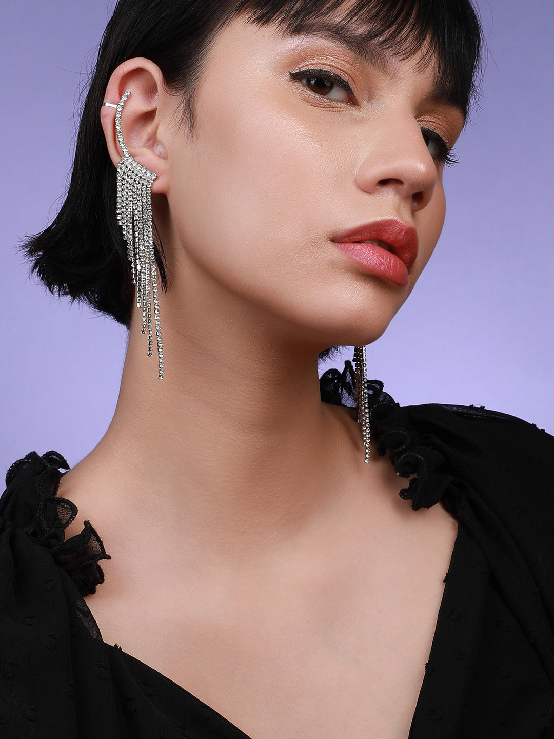Set Of 2 Silver-Toned Contemporary Stone Studded Drop Earrings