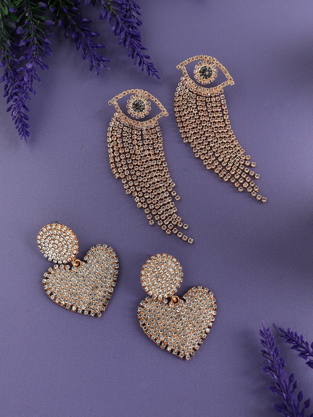 Set Of 2 Gold-Plated Contemporary Stone Studded Drop Earrings