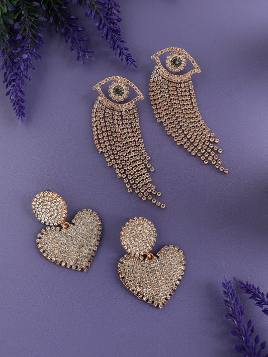Set Of 2 Gold-Plated Contemporary Stone Studded Drop Earrings