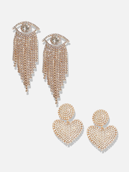 Set Of 2 Gold-Plated Contemporary Stone Studded Drop Earrings
