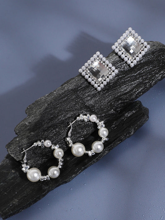 Set Of 2 Silver-Plated Contemporary Earrings