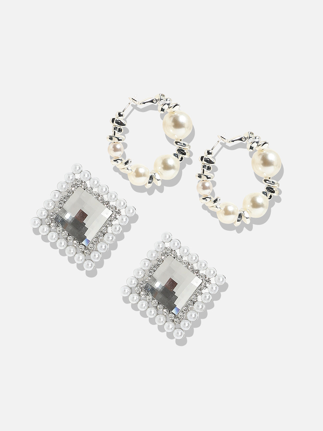 Set Of 2 Silver-Plated Contemporary Earrings