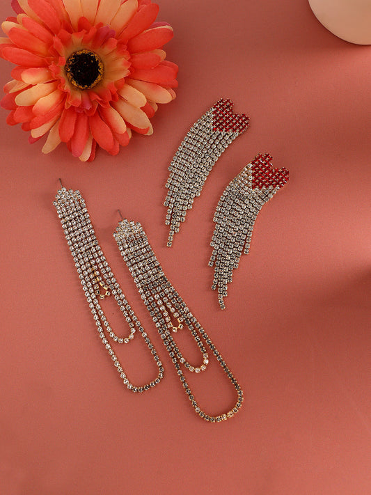 Set Of 2 Gold-Plated Contemporary Stone Studded Drop Earrings
