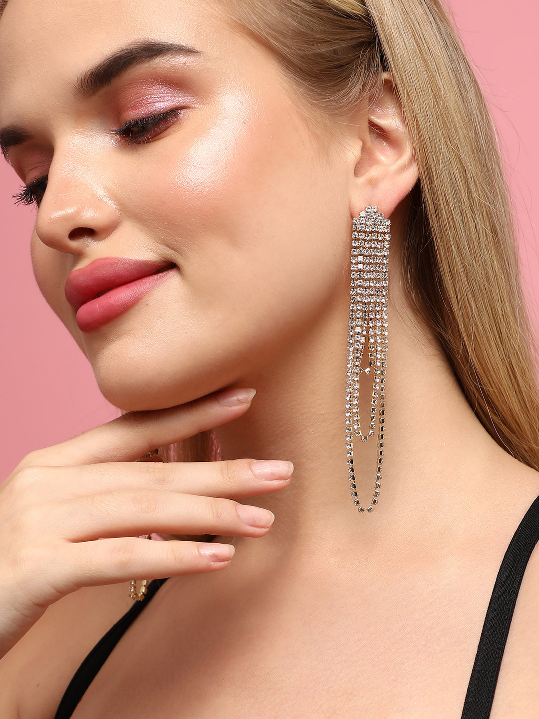 Set Of 2 Gold-Plated Contemporary Stone Studded Drop Earrings