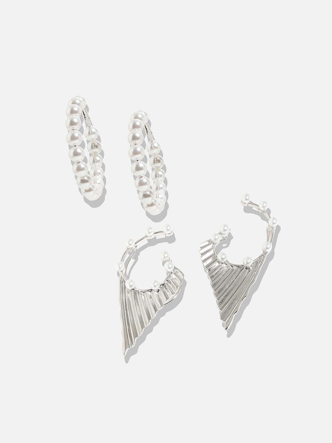 Set Of 2 Silver-Plated Contemporary Half Hoop Earrings