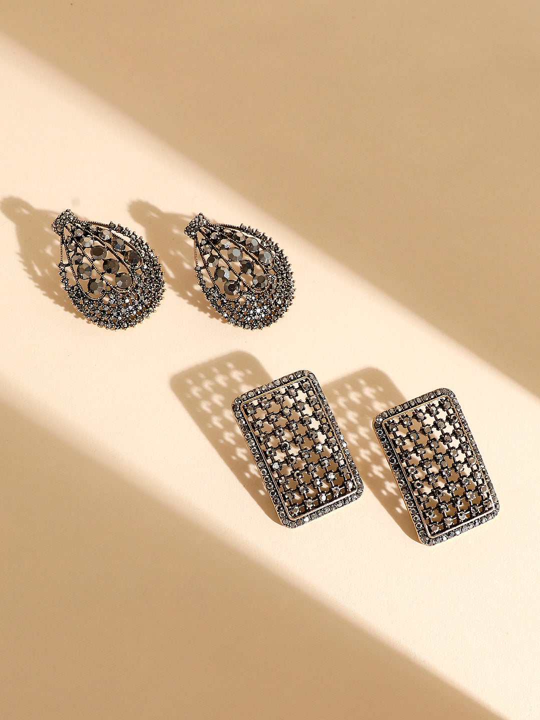Set Of 2 Silver-Plated Contemporary Stud Earrings