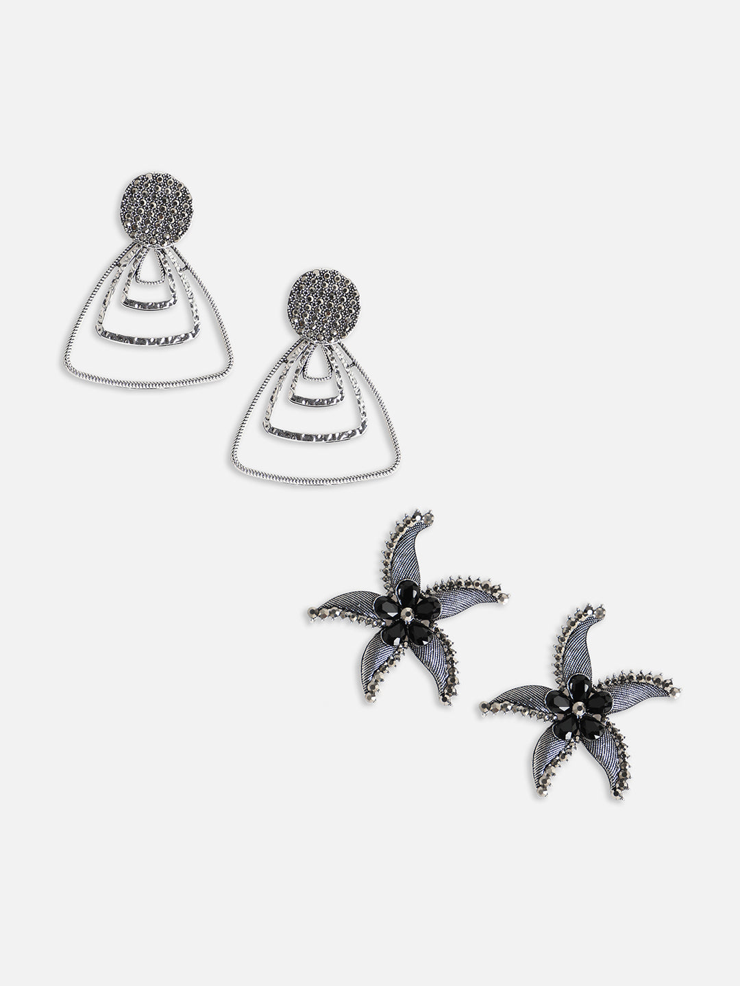 Set Of 2 Silver-Plated Contemporary Drop Earrings