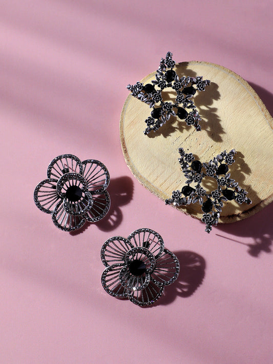 Set Of 2 Silver-Plated Contemporary Stud Earrings