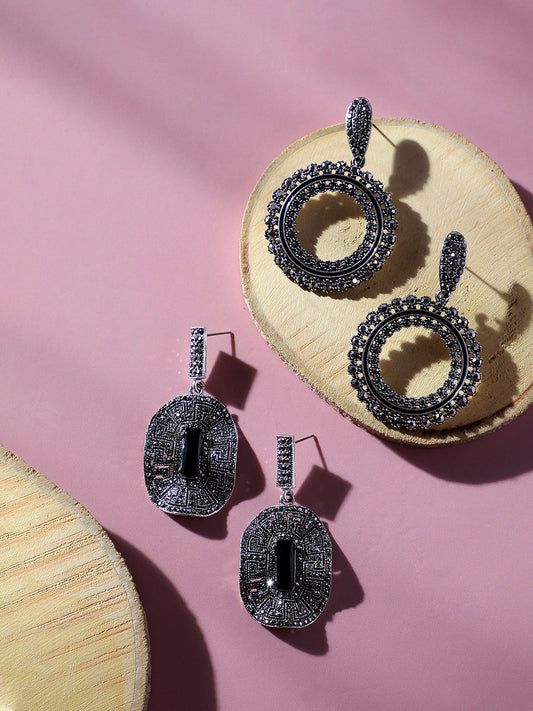 Set Of 2 Silver-Plated Contemporary Drop Earrings