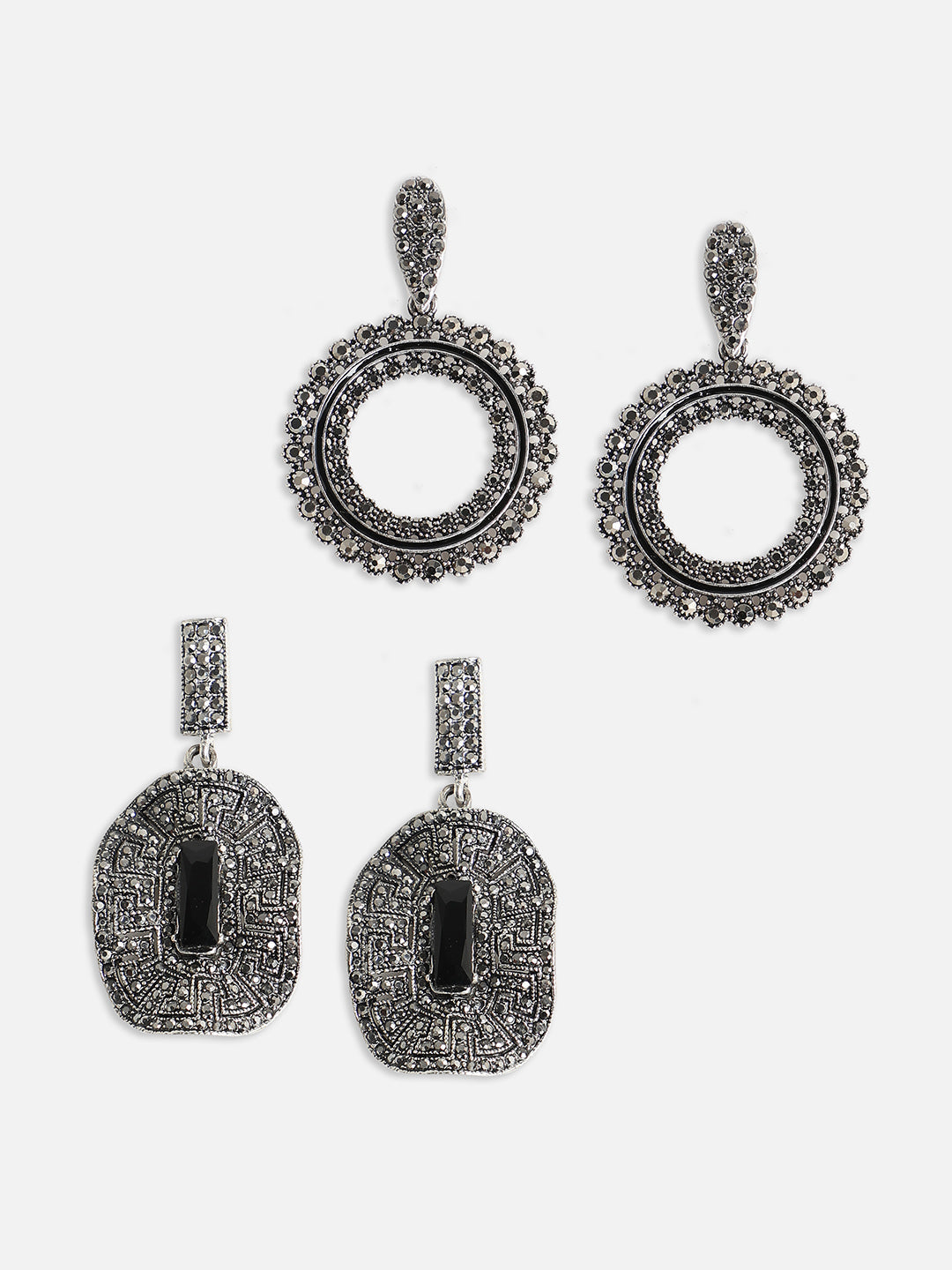 Set Of 2 Silver-Plated Contemporary Drop Earrings