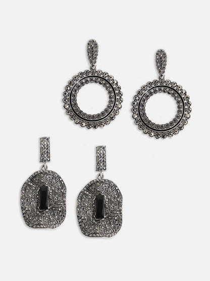 Set Of 2 Silver-Plated Contemporary Drop Earrings