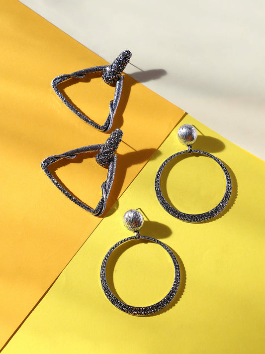 Set Of 2 Silver-Plated Contemporary Drop Earrings