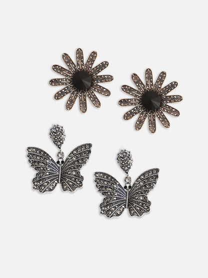 Set Of 2 Silver-Plated Contemporary Drop Earrings