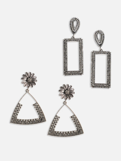 Set Of 2 Silver-Plated Contemporary Drop Earrings
