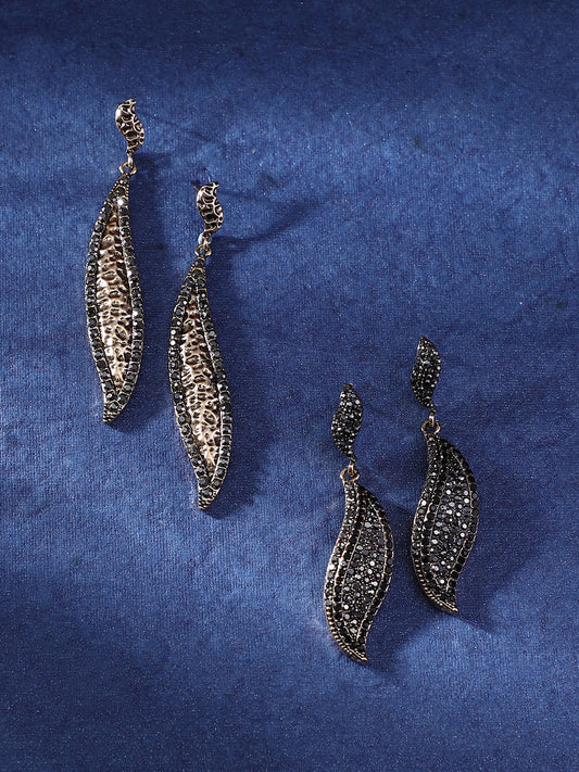 Set Of 2 Gold-Plated Studded Contemporary Drop Earrings