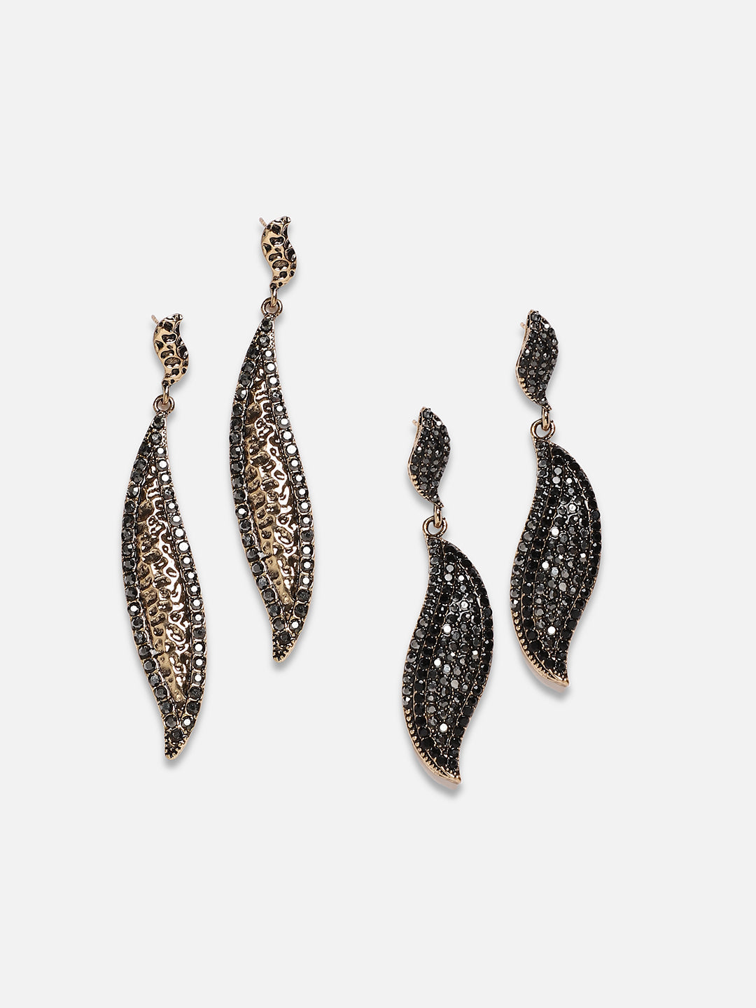 Set Of 2 Gold-Plated Studded Contemporary Drop Earrings